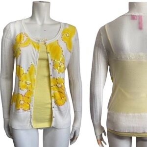 Y2K CHARLOTTE TARANTOLA Cardigan Twin Set - Yellow Sequined Sweater - Medium